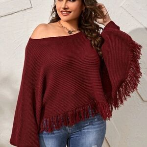 Plus Fringe Trim Dolman Sleeve Poncho Sweater 🎉Host Pick🎉
